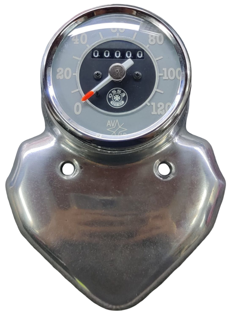 Tachometer/Kilometerzähler. Ossa 125 B mit Halterung